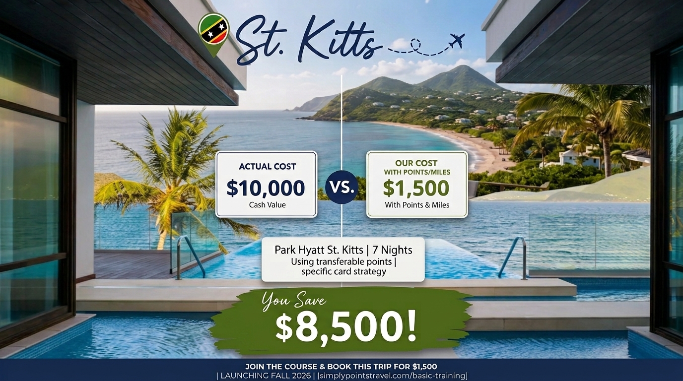 St. Kitts Park Hyatt comparison: $10,000 cash cost vs. $1,500 using points and miles, saving $8,500